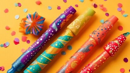 Colorful decorated pens arranged on yellow background with confetti.