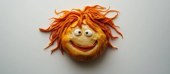 Comical bread character with orange hair and a smiling face on a white background overhead view showcasing creativity and humor in food design