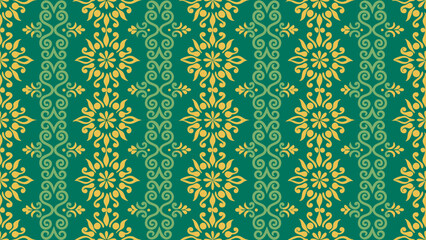 Elegant floral pattern design featuring intricate yellow flowers on a green background