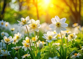 Rule of thirds composition highlights the beauty of white and yellow spring garden flowers in a captivating photograph.