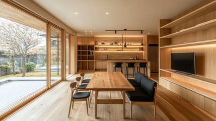 Obraz premium Modern minimalist wooden house interior with open plan kitchen, dining area, and living space featuring large windows and garden view.