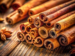 Rustic background enhances the rich brown hues of cinnamon sticks, capturing their fragrant essence in a close-up, naturally lit food photograph.