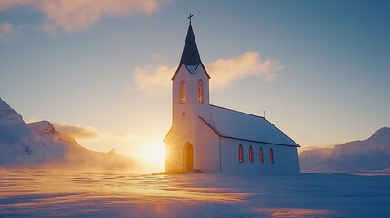Snowy church sunset, Iceland, winter landscape, religious tourism