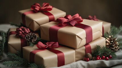 Obraz premium a simple arrangement of presents with red ribbons on a clean backdrop