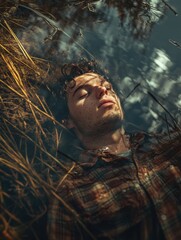 A man reclining in a shallow, clear stream, perhaps after a long day.
