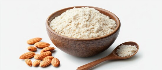 Bowl of almond flour with a wooden spoon beside it on a plain white background creating a clean and simple kitchen aesthetic