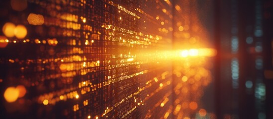 Close-up of shimmering golden binary code on a dark background illuminated by sunlight creating a vibrant contrast of light and depth.
