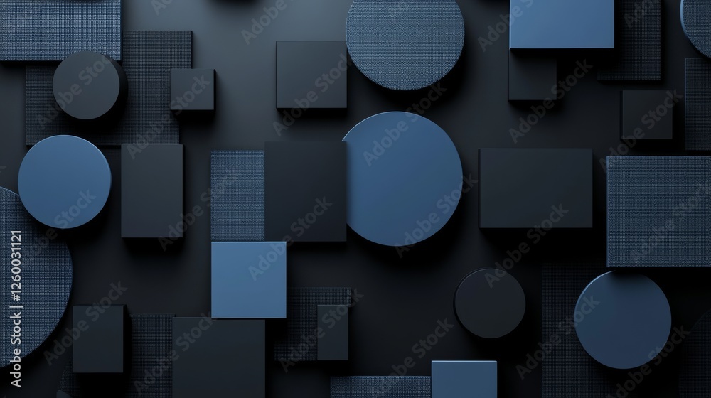 Wall mural minimalist blue squares and circles on a dark background. geometric pattern for banner template with