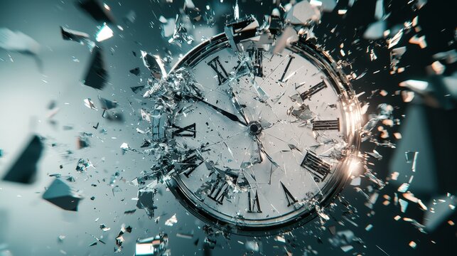 Exploding clock with shattering glass conveys time pressure, symbolizing deadlines and urgency. Ideal for stress management, productivity, and financial risk themes.