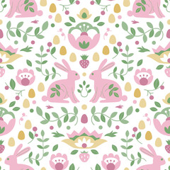 Happy Easter pattern with bunny, flowers and eggs in pastel colors. Hand-drawn vector illustration in flat style.
