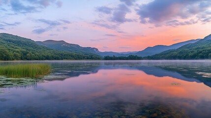 Fototapeta premium Serene sunrise over calm lake reflecting colorful sky and mountains. (2)