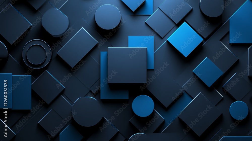Wall mural minimalist blue squares and circles on a dark background. geometric pattern for banner template with