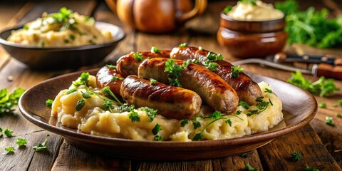 Scrumptious Irish food: candid images showcasing delicious banger and mash.