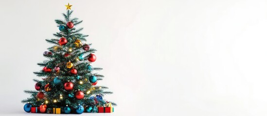 Obraz premium Decorative Christmas tree adorned with colorful ornaments and a star top positioned centrally against a bright white background with gifts at the base
