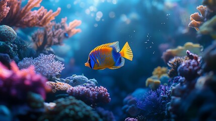 Obraz premium Vibrant orange and blue angelfish swimming amidst colorful coral reef.