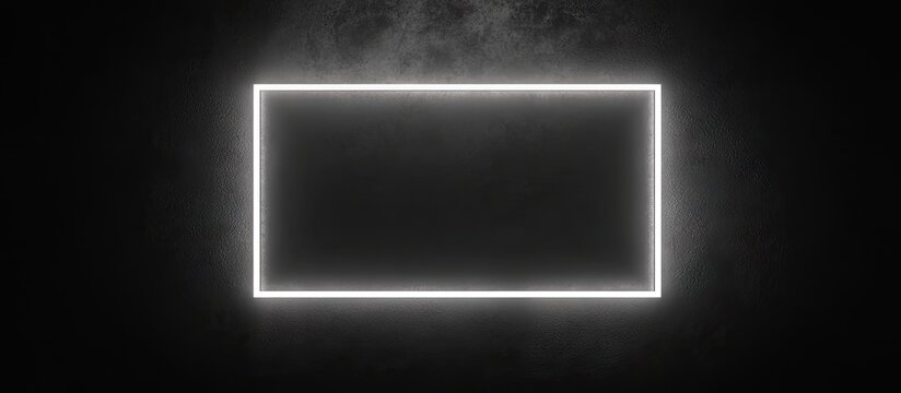 Bright white neon rectangle frame glowing against a black background creating striking contrast and emphasizing luminosity and shape in dark atmosphere.