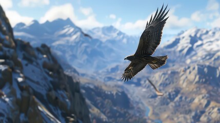 Obraz premium A hawk soaring over rugged mountain peaks, its sharp eyes scanning the terrain, with a blurred backdrop of valleys and distant snow-covered peaks. 