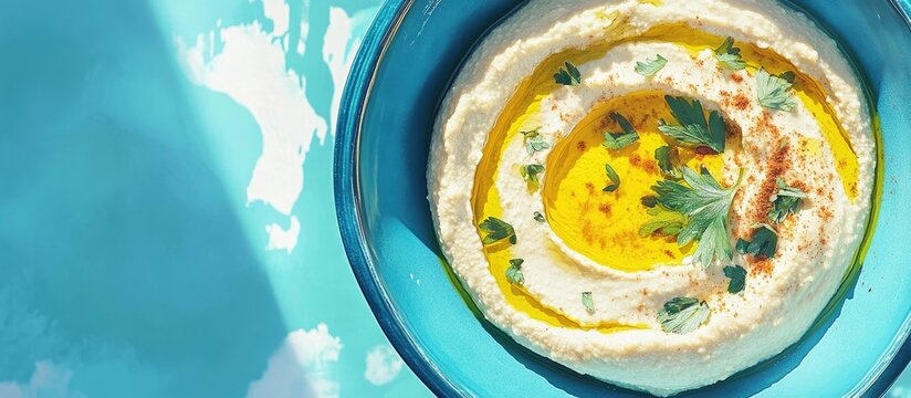 Blue bowl filled with creamy hummus topped with olive oil drizzle cumin sprinkle and fresh parsley on vibrant turquoise background