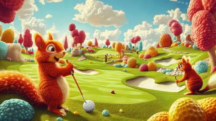 Anthropomorphic squirrels playing golf on a fantastical candy landscape