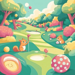 Squirrels are playing golf on a beautiful stylized course