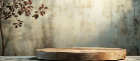 Wooden round table against a textured beige wall with soft shadows and a subtle plant silhouette in brown hues creating a serene ambiance.