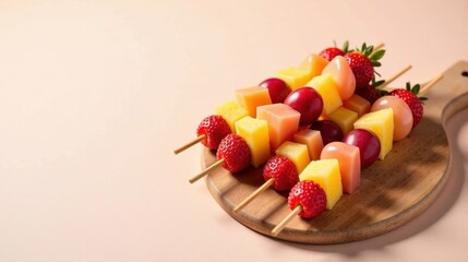 Delightful summer fruit skewers featuring juicy strawberries, sweet grapes, and vibrant pineapple cubes, artfully arranged on a rustic wooden board