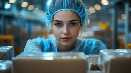 a young woman worker dressed in sterile attire is inspecting packages that are prepared for deliver