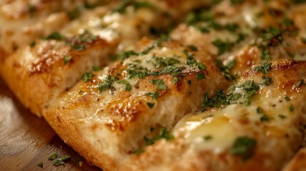 Close-up of cheesy garlic bread, golden brown, with fresh parsley.