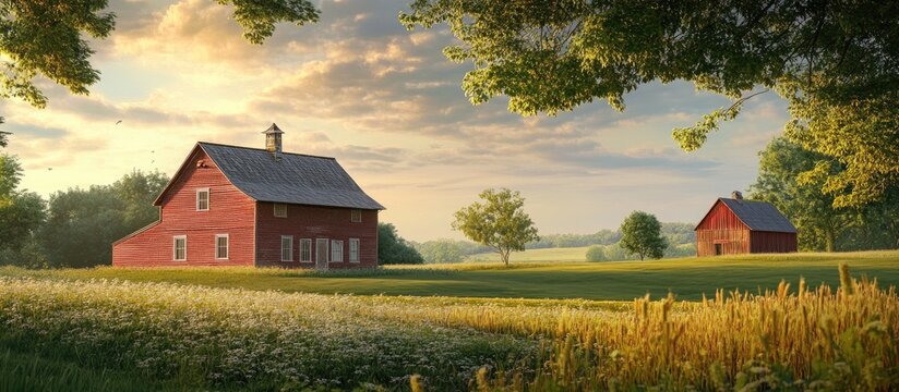 Classic red farmhouse and timber barn in vibrant green meadow under a warm sunset sky, capturing the tranquility of rural life and nature.