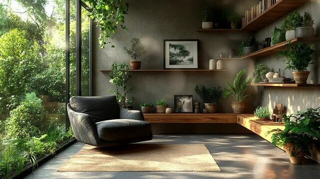 Cozy reading corner with modern interior and lush green plants. Seamless looping 4K time-lapse animation video background