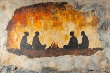 Four figures seated around a fire in a cave-like setting depicting ancient storytelling and community bonding