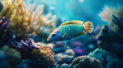 Obraz premium Vibrant parrotfish swimming amidst colorful coral reef.