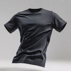 A high-quality black o-neck T-shirt floating in a clean studio setting, displayed in a front-facing view. The fabric is soft, premium cotton with a slight texture, draping naturally.