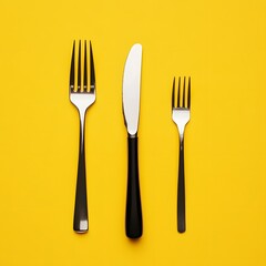Elegant Cutlery on Vibrant Yellow Backdrop for Dining and Cuisine Concepts