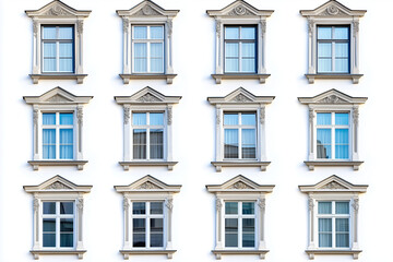 Fototapeta premium Set of building windows isolated on white background, Selective focus varies of outdoor classic window.