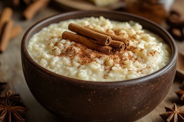 Creamy rice pudding, cinnamon, spices, wooden table, cozy autumn