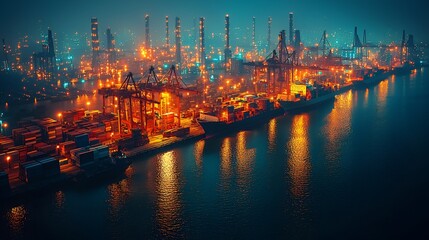 Fototapeta premium Night port industrial cargo harbor containers ships