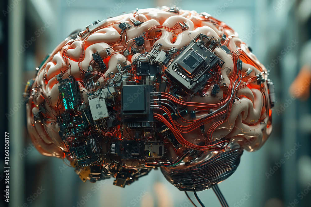 Fototapete futuristic brain design featuring circuit board elements merging technology with organic structure