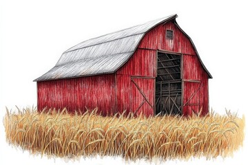 Obraz premium Beautiful red barn surrounded by golden wheat fields during sunny daytime in rural countryside