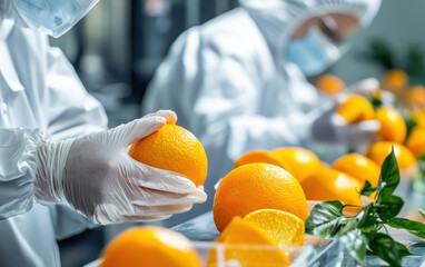 Fresh oranges being inspected in modern food safety training session, showcasing hygiene practices and quality control