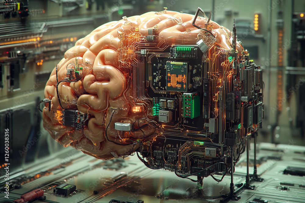 Fototapete futuristic brain design featuring circuit board elements merging technology with organic structure