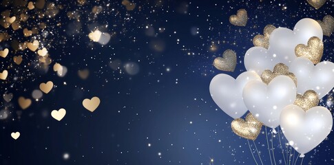 Stars and hearts background, golden lines, dark blue gradient, golden lights, white heart shaped balloons