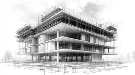 architectural sketch of a building construction plan with machinery facades vector illustratio