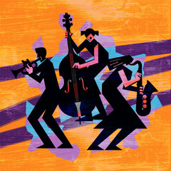 Jazz Band, dixieland, Contrabass, saxophon, trumpet. 
Grunge stylized  Illustration of two women jazz musicians and man with trumpet. Black silhouettes.