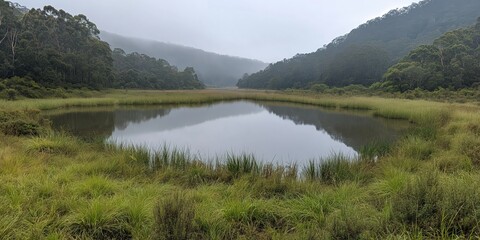 Misty Landscape Calm Water and Forest Panorama