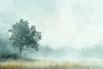 Misty morning landscape with a lone tree and soft grass in a serene setting