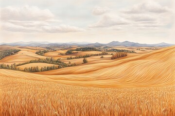 Obraz premium Golden wheat fields stretch across rolling hills under a cloudy sky in a peaceful rural landscape