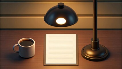 a blank notebook, coffee cup and a lamp on a wooden desk, perfect for product display or mockup. The soft lighting creates a cozy and inviting atmosphere 