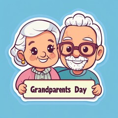 Sticker Design, cartoon style, cute elderly couple holding a sign that says "Grandparents' Day", light blue background, white border around the sticker.