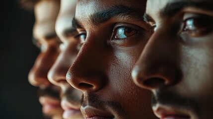 Close-up of diverse men in profile row, symbolizing unity and collective strength. Useful for themes of diversity, teamwork, leadership, and collaboration.